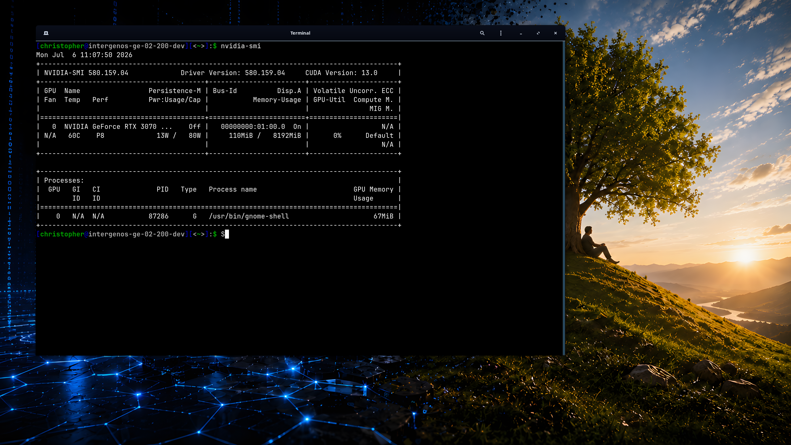 nvidia-smi on a bare-metal ASUS ROG laptop: an NVIDIA GeForce RTX 3070 with driver 580.159.04 and CUDA 13.0, and /usr/bin/gnome-shell listed as a process using the GPU