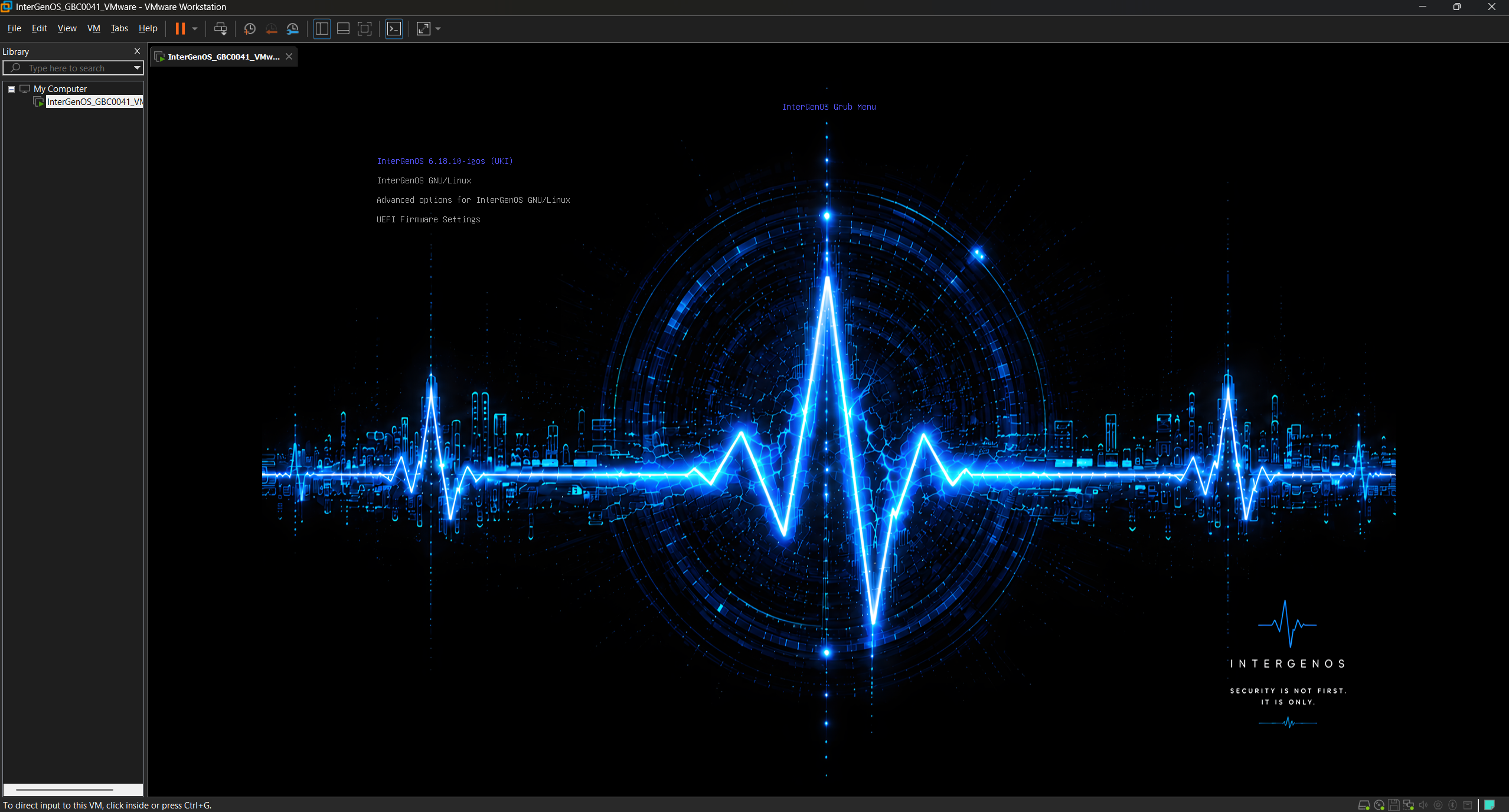 The InterGenOS GRUB boot menu rendering inside a VMware Workstation window — the branded heartbeat theme with Try, Install, and Advanced entries