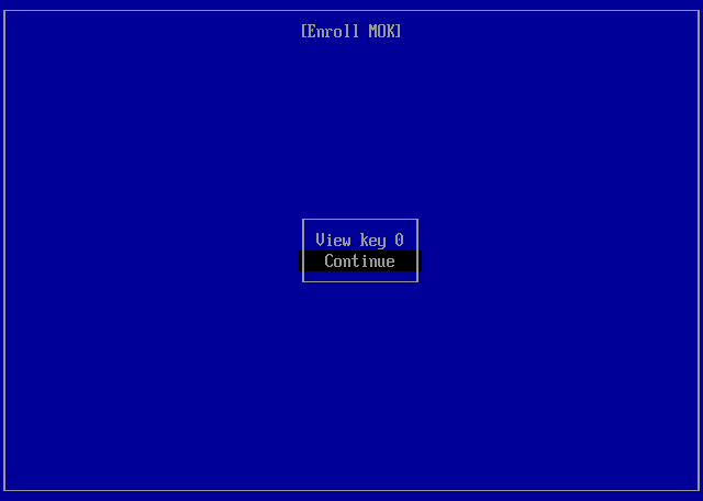 MokManager Enroll MOK screen offering View key 0 and Continue