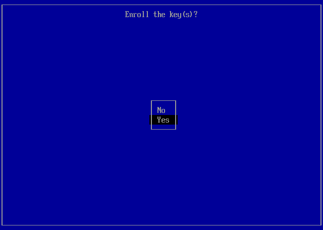 MokManager confirmation prompt “Enroll the key(s)?” with Yes
