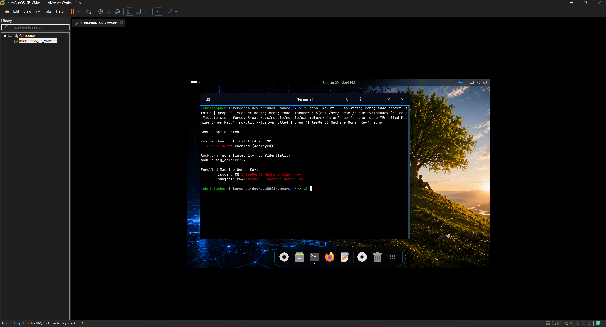 InterGenOS running under enforced Secure Boot in VMware — a terminal shows mokutil –sb-state reporting SecureBoot enabled, bootctl Secure Boot enabled, lockdown integrity, module sig_enforce Y, and the enrolled InterGenOS Machine Owner Key